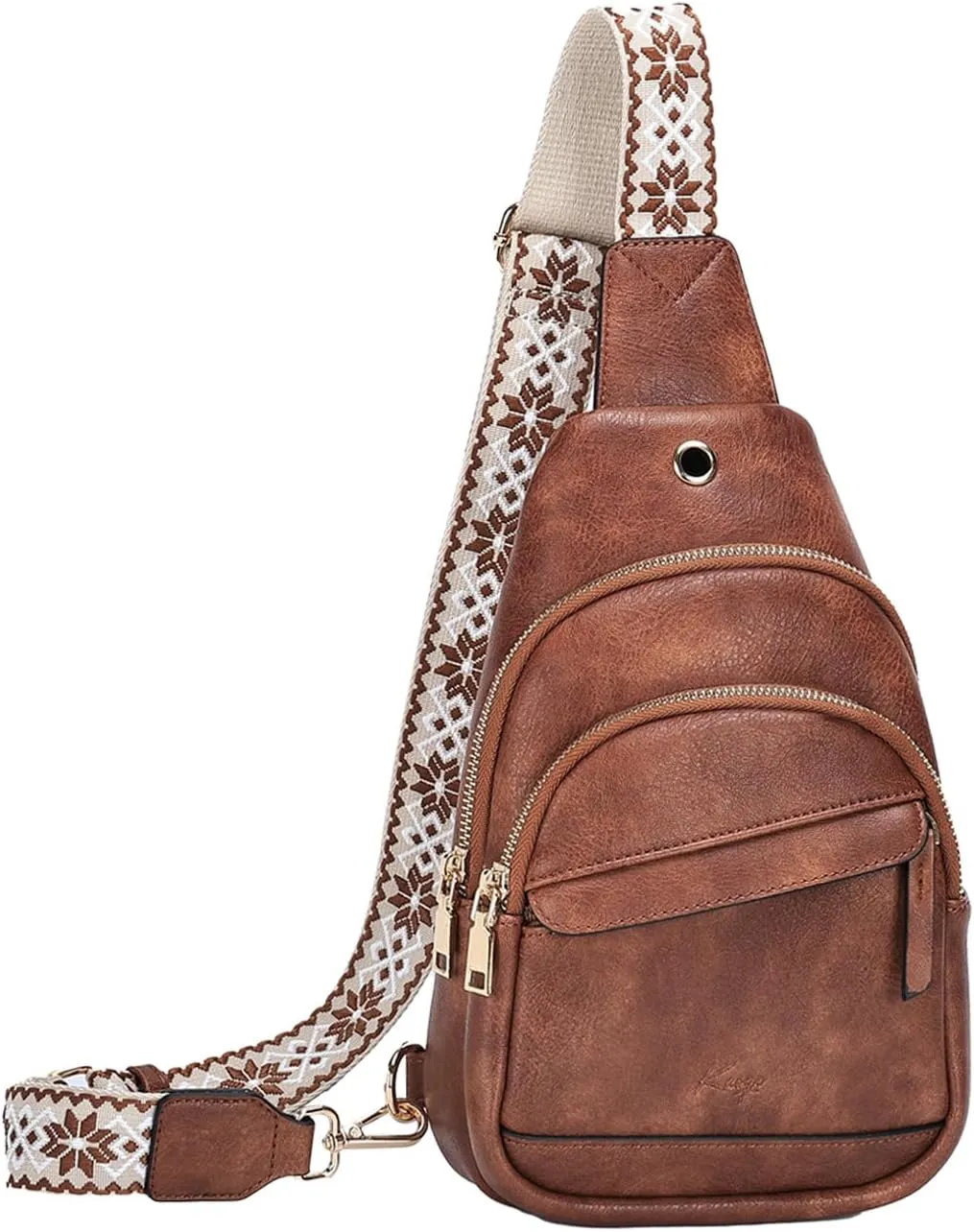 Kasqo Sling Bag for Women,Vegan Leather Small Crossbody Bag Fanny Packs with Guitar Strap Shoulder Chest Belt Brown