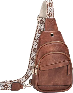Kasqo Sling Bag for Women,Vegan Leather Small Crossbody Bag Fanny Packs with Guitar Strap Shoulder Chest Belt Brown