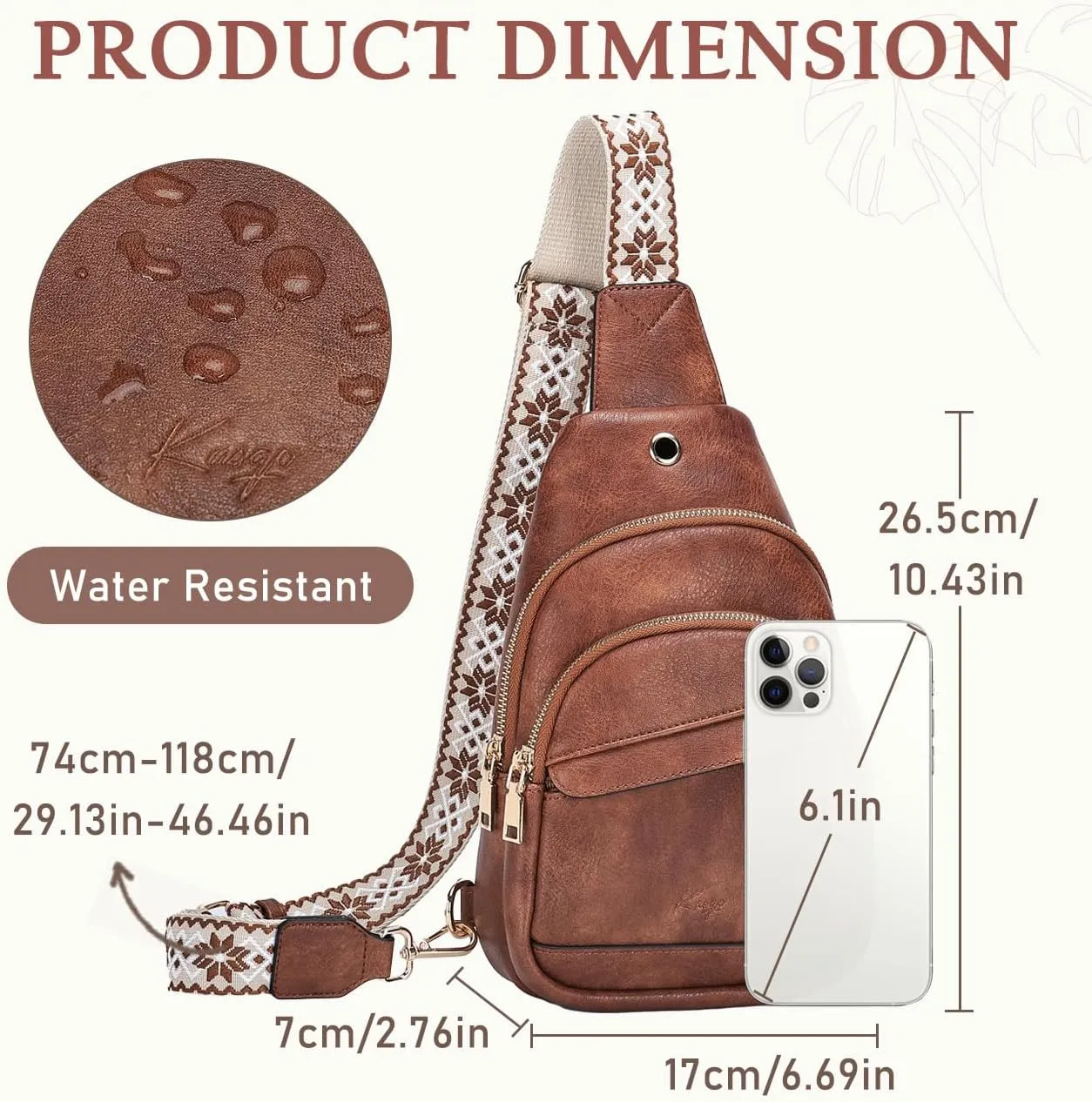 Kasqo Sling Bag for Women,Vegan Leather Small Crossbody Bag Fanny Packs with Guitar Strap Shoulder Chest Belt Brown