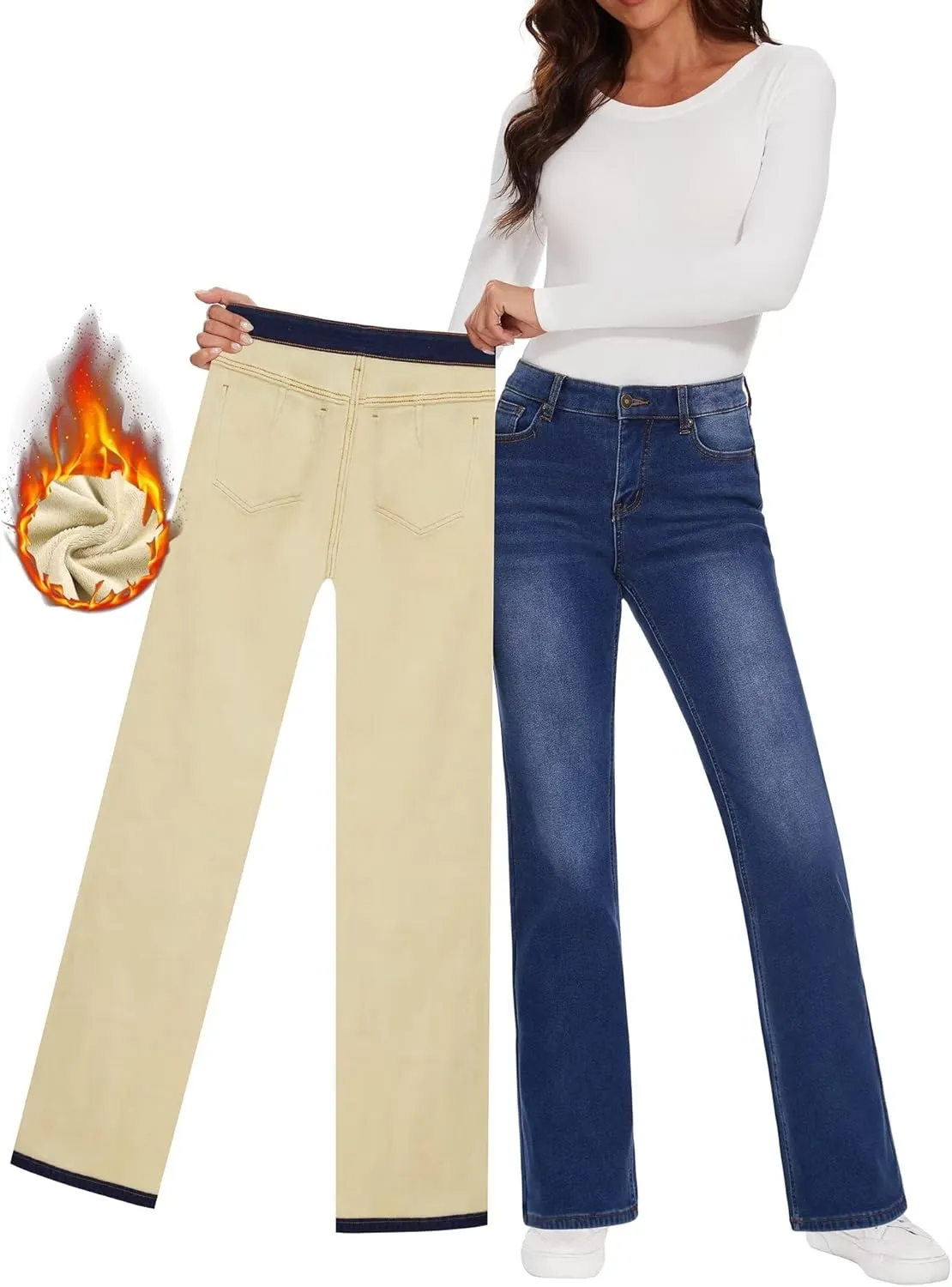 KDF Fleece Lined Jeans Women High Waisted Wide Leg Baggy Jeans for Women Winter Lined Jean Pants