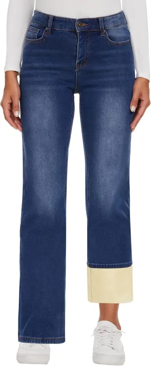 KDF Fleece Lined Jeans Women High Waisted Wide Leg Baggy Jeans for Women Winter Lined Jean Pants