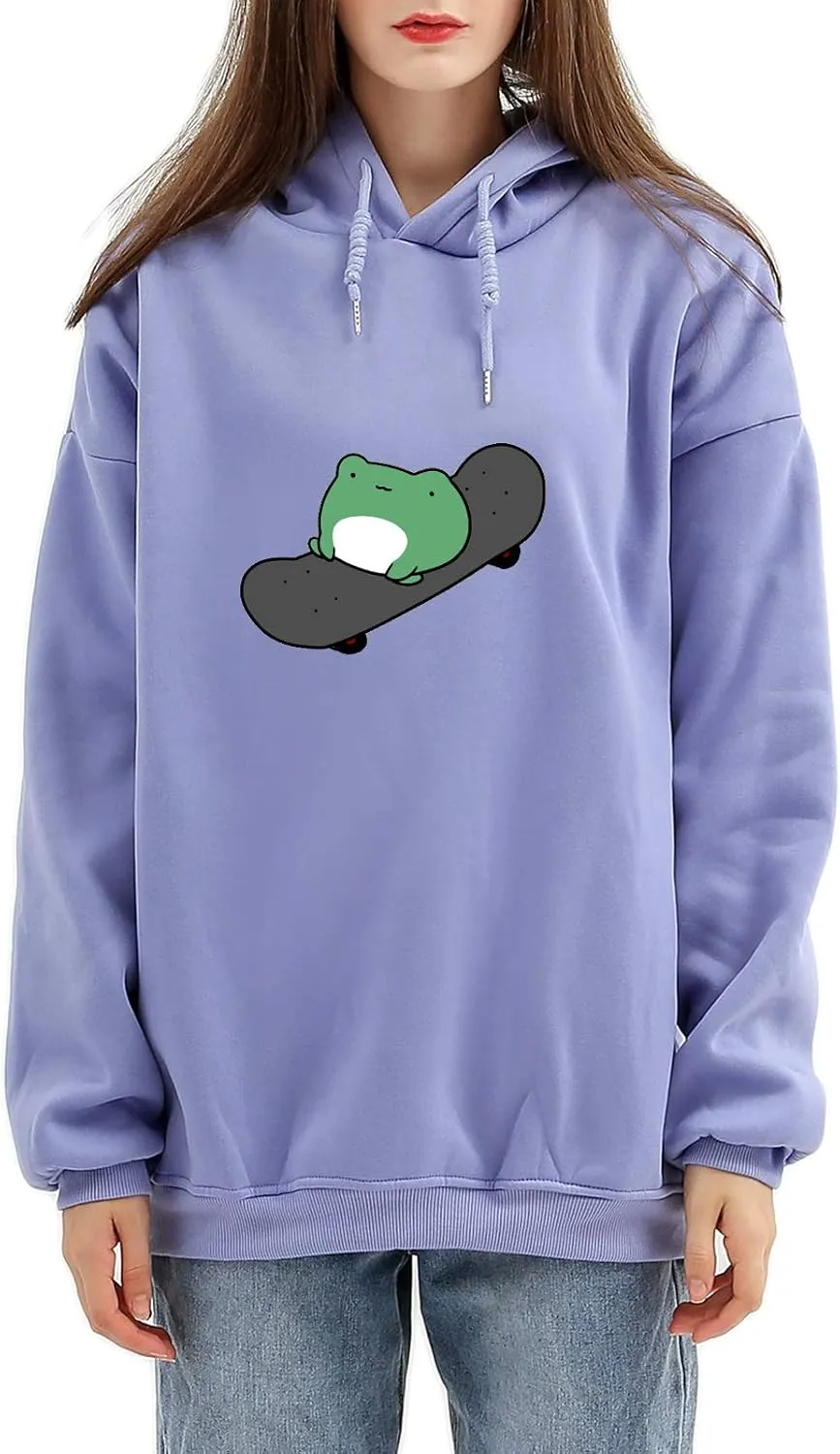 KEEVICI Women's Cute Sweatshirts Skateboarding Frog Long Sleeve Hoodie Pullover Tops