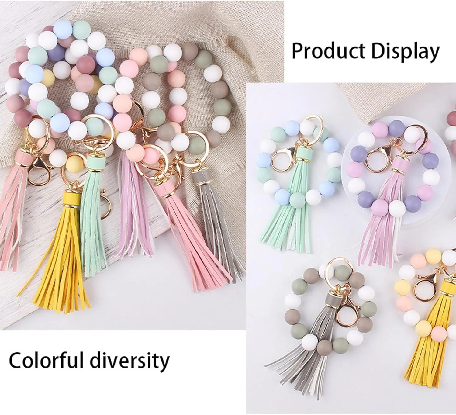 Key Ring Silicone Bracelet Beaded Keychain Wristlet Beaded Bangle Key Chain with Tassel Car Key Holder for Women