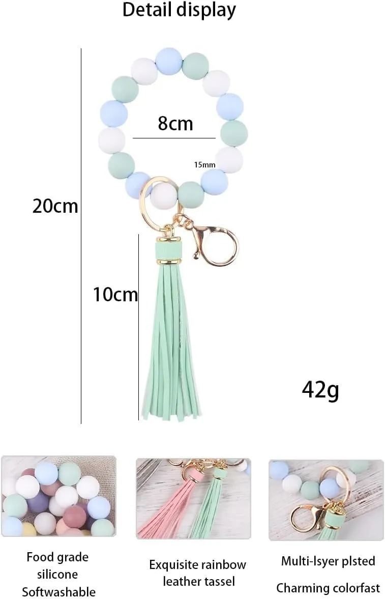 Key Ring Silicone Bracelet Beaded Keychain Wristlet Beaded Bangle Key Chain with Tassel Car Key Holder for Women