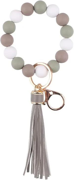 Key Ring Silicone Bracelet Beaded Keychain Wristlet Beaded Bangle Key Chain with Tassel Car Key Holder for Women