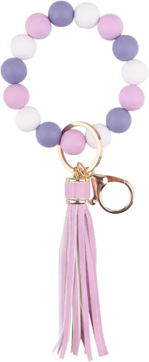Key Ring Silicone Bracelet Beaded Keychain Wristlet Beaded Bangle Key Chain with Tassel Car Key Holder for Women