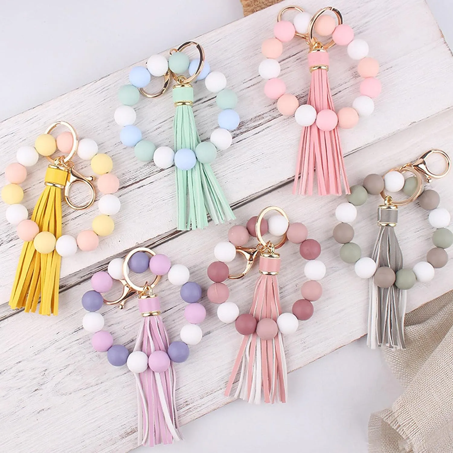Key Ring Silicone Bracelet Beaded Keychain Wristlet Beaded Bangle Key Chain with Tassel Car Key Holder for Women