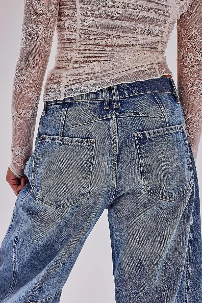 KT Women's Barrel Jeans Wide Leg Mid Rise Denim Ankle Pants Y2k Baggy Boyfriend Jeans with Pockets