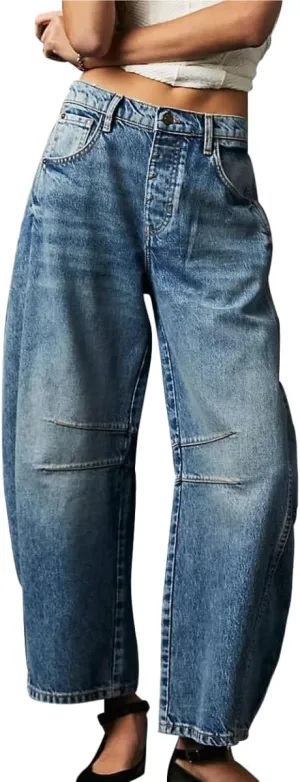 KT Women's Barrel Jeans Wide Leg Mid Rise Denim Ankle Pants Y2k Baggy Boyfriend Jeans with Pockets