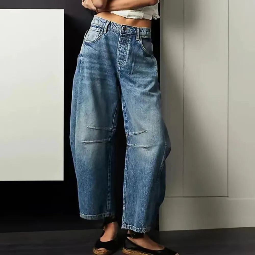 KT Women's Barrel Jeans Wide Leg Mid Rise Denim Ankle Pants Y2k Baggy Boyfriend Jeans with Pockets