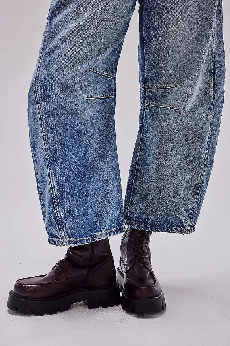 KT Women's Barrel Jeans Wide Leg Mid Rise Denim Ankle Pants Y2k Baggy Boyfriend Jeans with Pockets