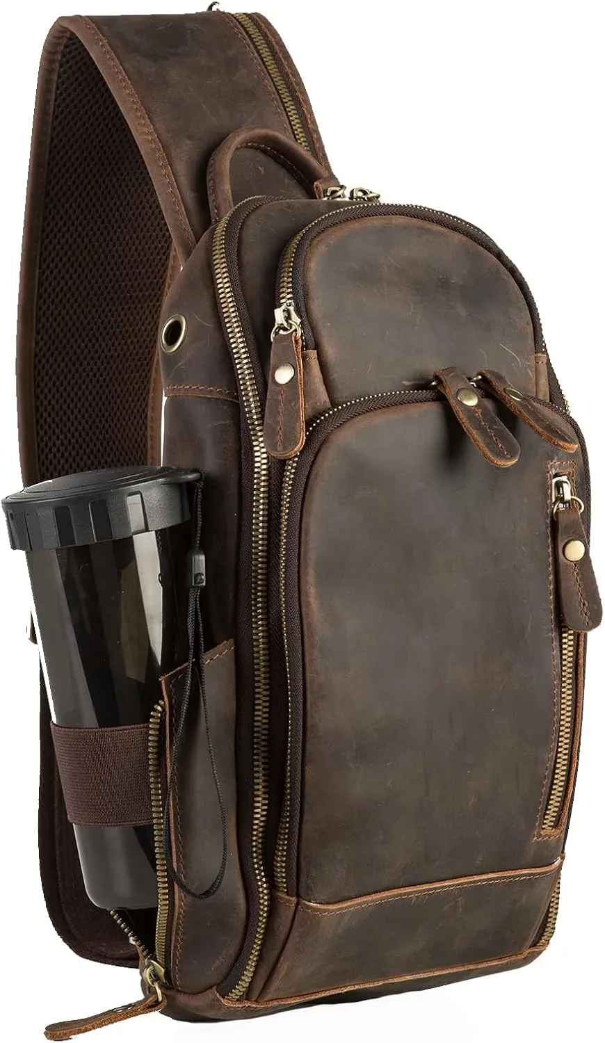 Leather Sling Bag - Crossbody Shoulder Bag for Men & Women, Vintage Backpack Fit for 11 inch iPad (Brown)