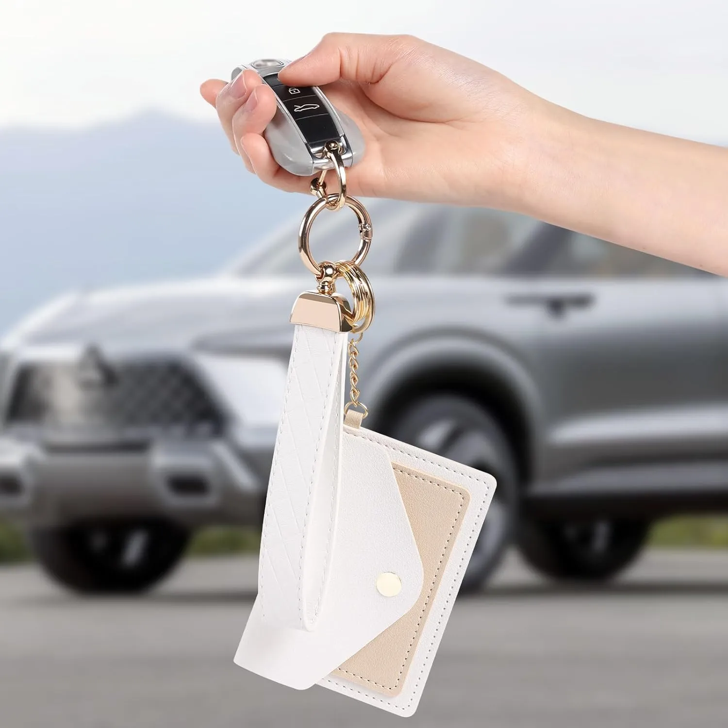 Leather Wristlet Keychain for Women, Cute Keychain Wristlet Car Key Chain with 2 Key Ring, Anti-Lost D Ring and Mini Wallet