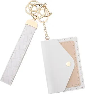 Leather Wristlet Keychain for Women, Cute Keychain Wristlet Car Key Chain with 2 Key Ring, Anti-Lost D Ring and Mini Wallet
