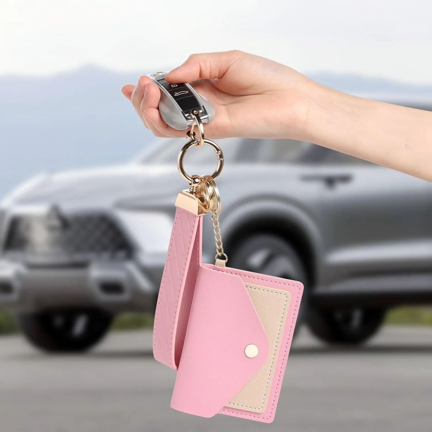 Leather Wristlet Keychain for Women, Cute Keychain Wristlet Car Key Chain with 2 Key Ring, Anti-Lost D Ring and Mini Wallet