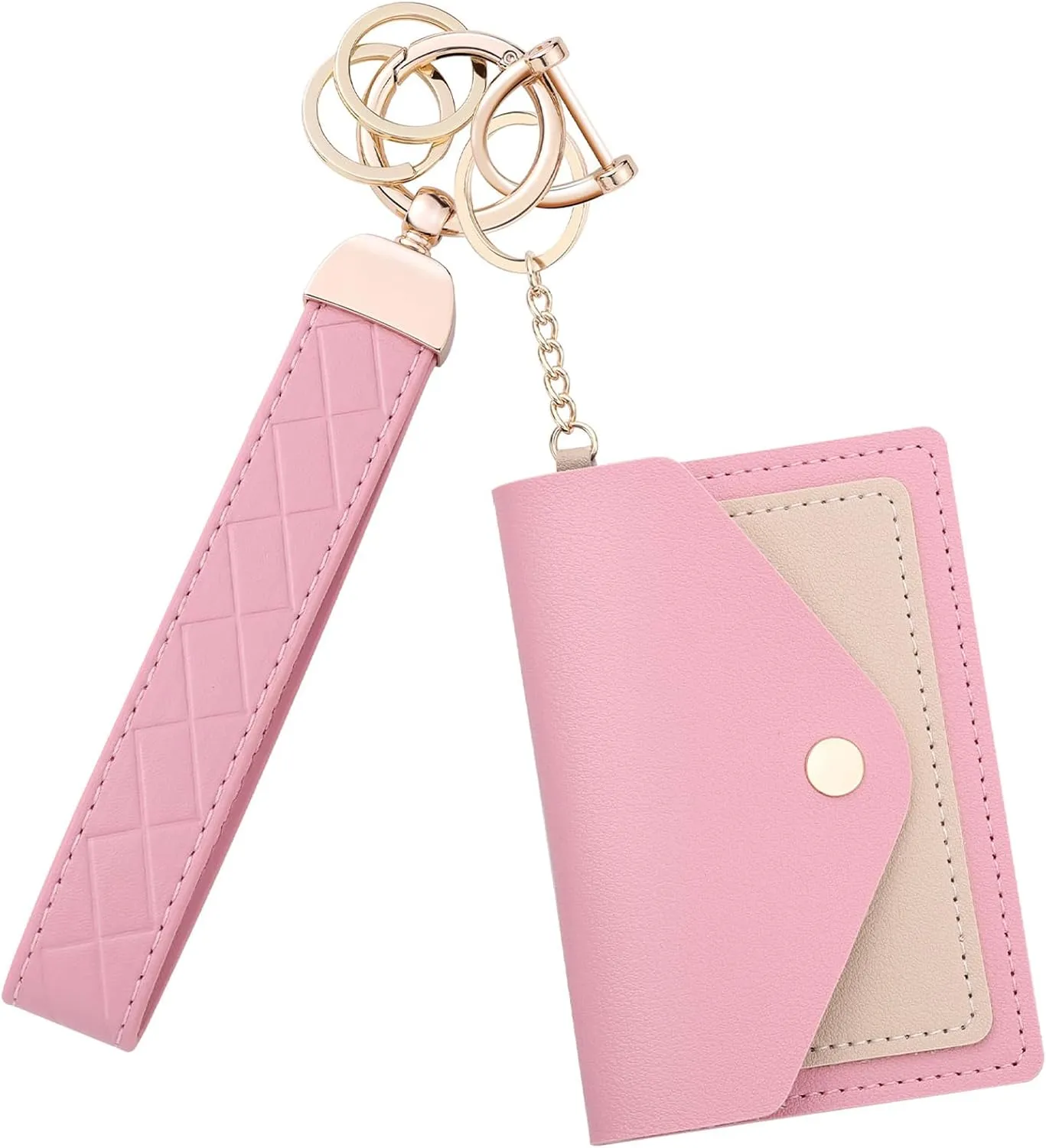 Leather Wristlet Keychain for Women, Cute Keychain Wristlet Car Key Chain with 2 Key Ring, Anti-Lost D Ring and Mini Wallet