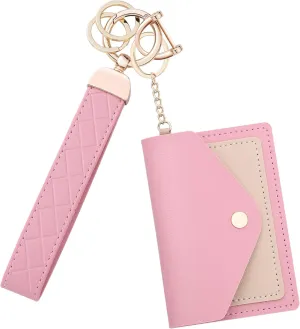 Leather Wristlet Keychain for Women, Cute Keychain Wristlet Car Key Chain with 2 Key Ring, Anti-Lost D Ring and Mini Wallet