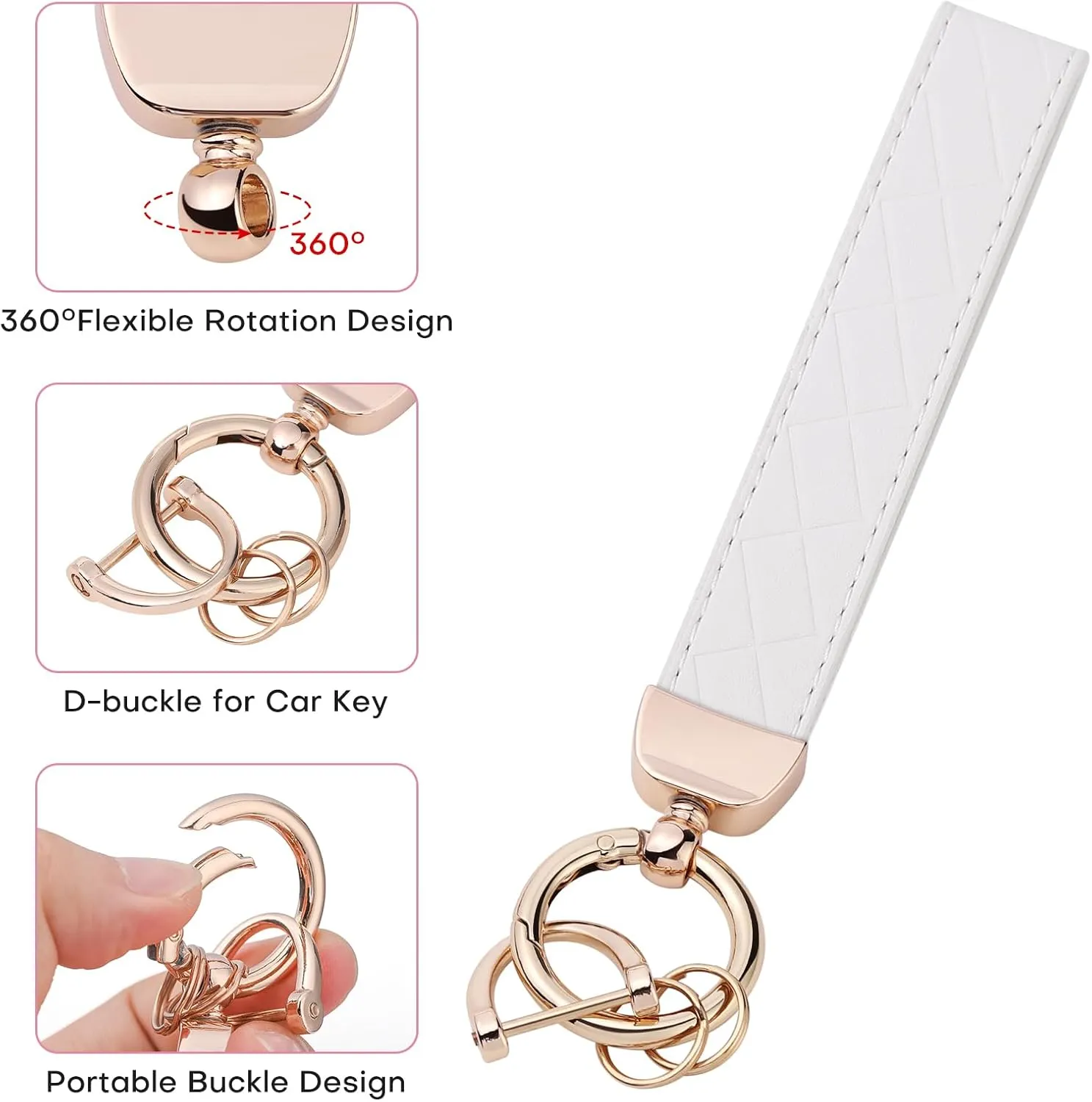 Leather Wristlet Keychain for Women, Cute Keychain Wristlet Car Key Chain with 2 Key Ring, Anti-Lost D Ring and Mini Wallet