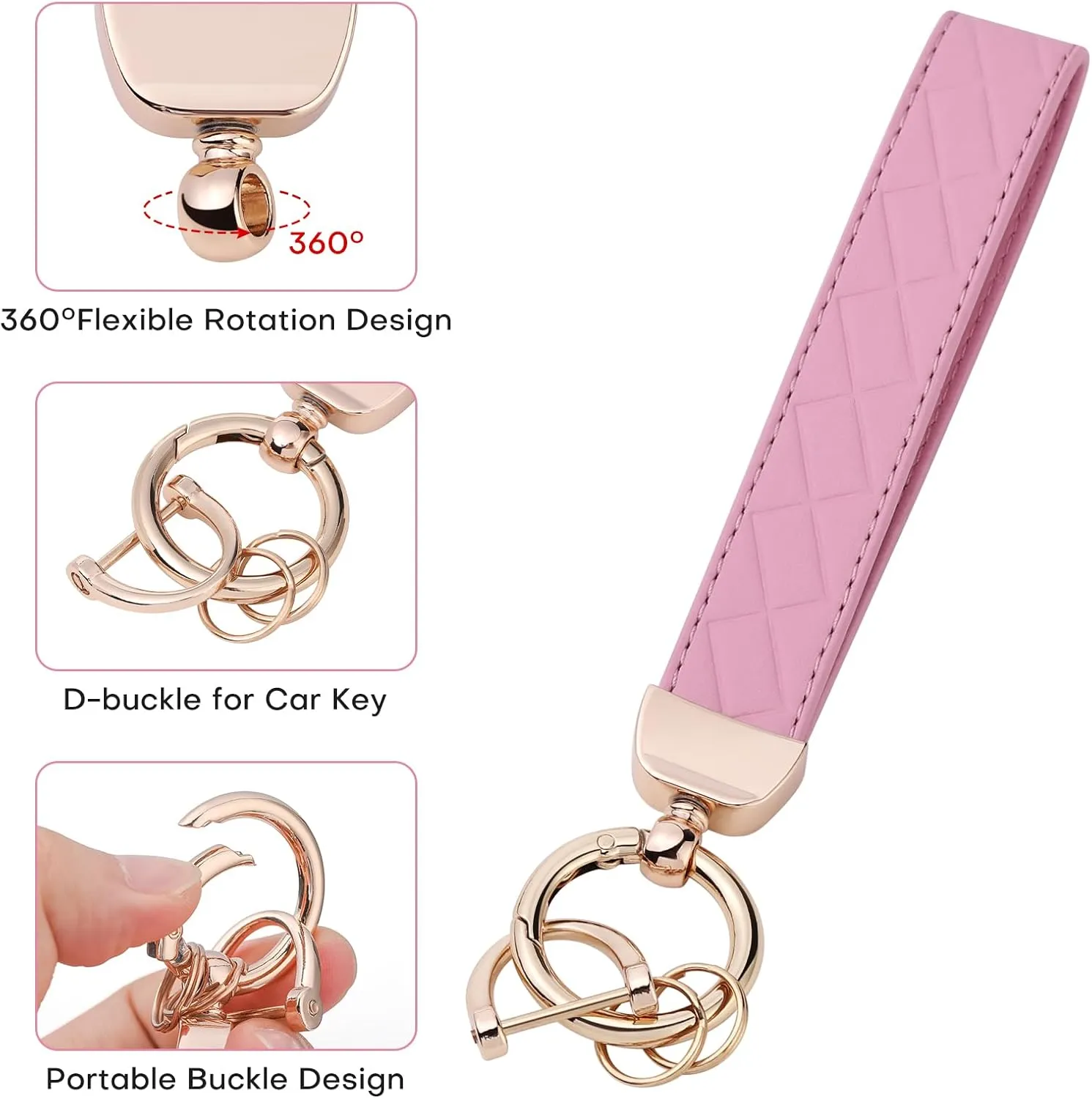 Leather Wristlet Keychain for Women, Cute Keychain Wristlet Car Key Chain with 2 Key Ring, Anti-Lost D Ring and Mini Wallet