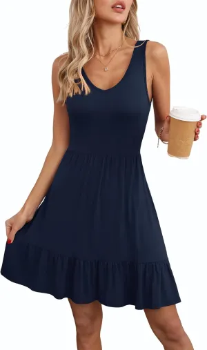 LILBETTER Women's Sleeveless Casual V Neck Summer Sundresses Pleated Ruffle Hem Knee Length Tank Dress with Pockets