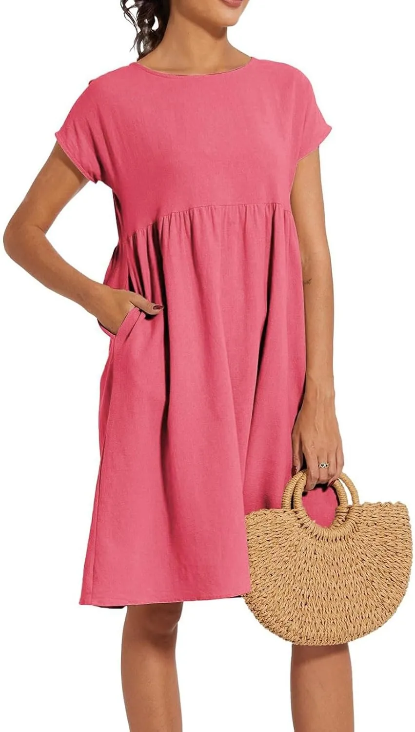 Linen Dresses for Women 2025 Summer Cotton Short Sleeve Crewneck Midi Dress Casual Loose Flowy Beach Sundresses with Pockets