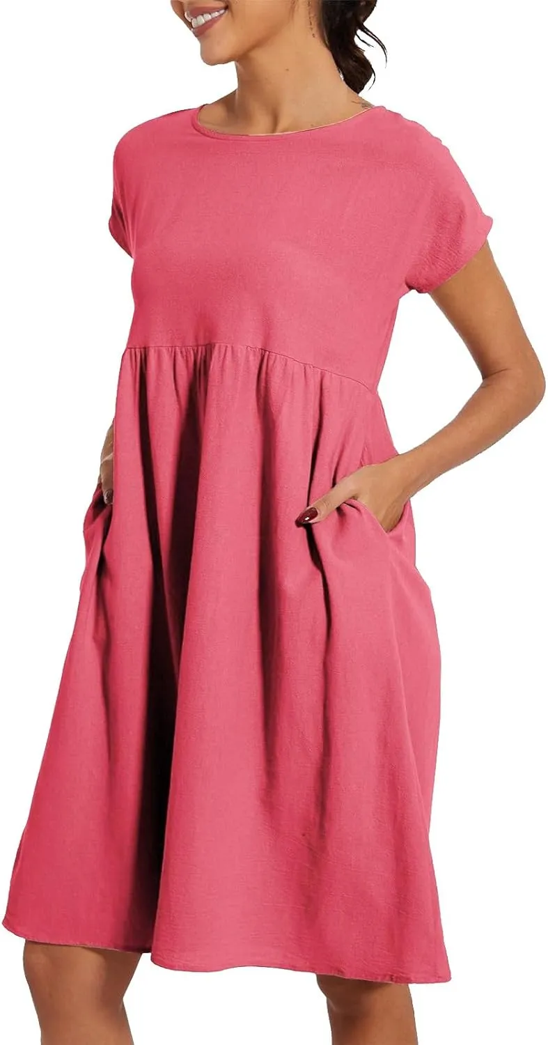 Linen Dresses for Women 2025 Summer Cotton Short Sleeve Crewneck Midi Dress Casual Loose Flowy Beach Sundresses with Pockets