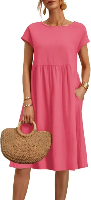 Linen Dresses for Women 2025 Summer Cotton Short Sleeve Crewneck Midi Dress Casual Loose Flowy Beach Sundresses with Pockets