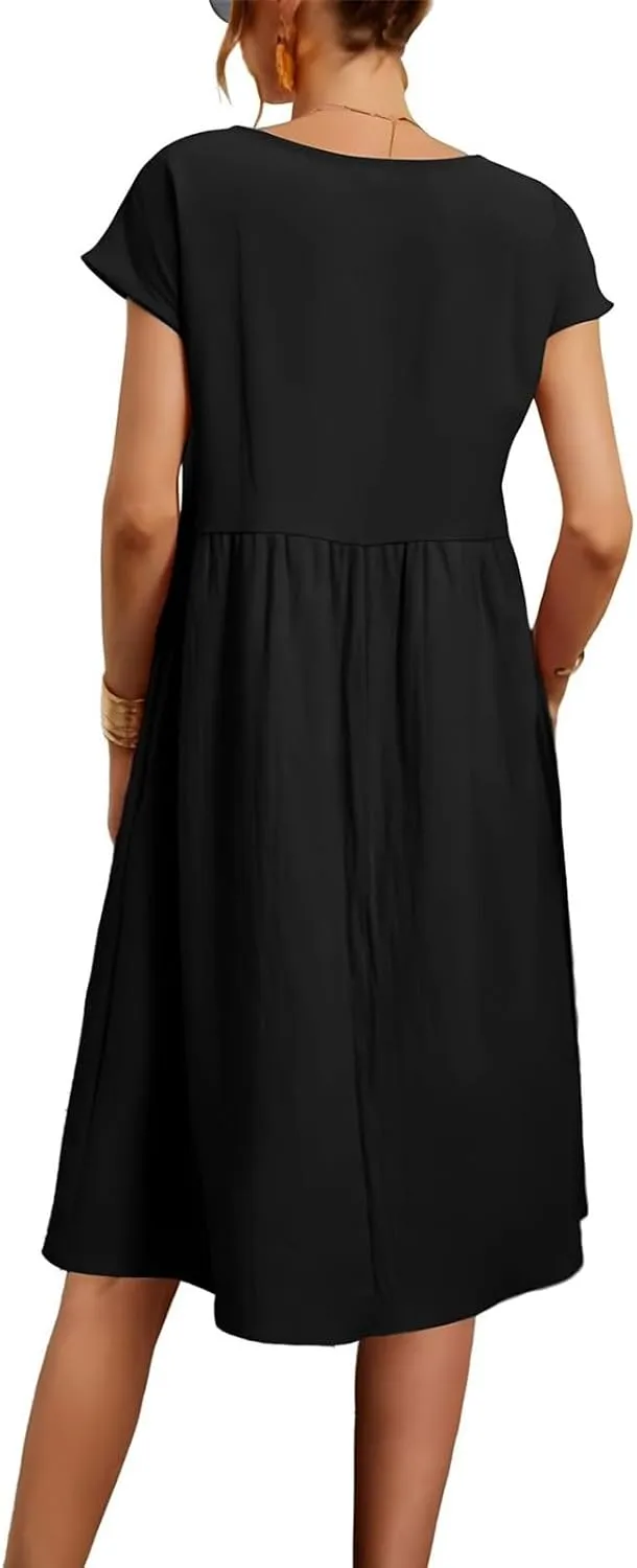 Linen Dresses for Women 2025 Summer Cotton Short Sleeve Crewneck Midi Dress Casual Loose Flowy Beach Sundresses with Pockets
