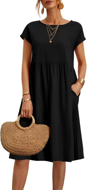 Linen Dresses for Women 2025 Summer Cotton Short Sleeve Crewneck Midi Dress Casual Loose Flowy Beach Sundresses with Pockets