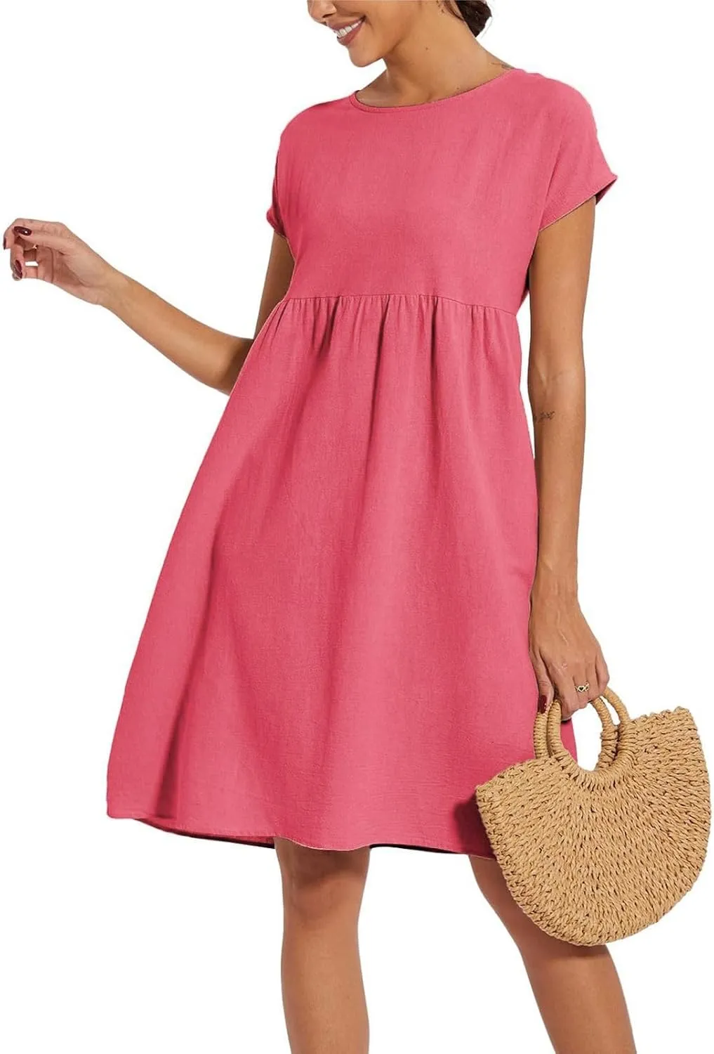 Linen Dresses for Women 2025 Summer Cotton Short Sleeve Crewneck Midi Dress Casual Loose Flowy Beach Sundresses with Pockets