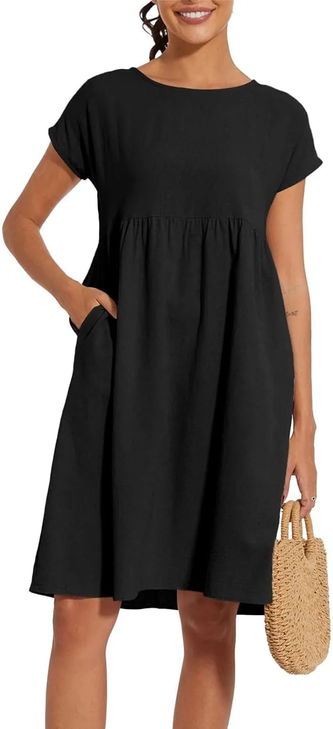 Linen Dresses for Women 2025 Summer Cotton Short Sleeve Crewneck Midi Dress Casual Loose Flowy Beach Sundresses with Pockets