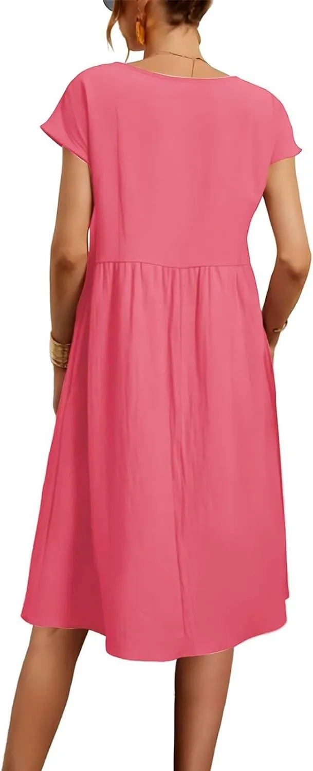Linen Dresses for Women 2025 Summer Cotton Short Sleeve Crewneck Midi Dress Casual Loose Flowy Beach Sundresses with Pockets