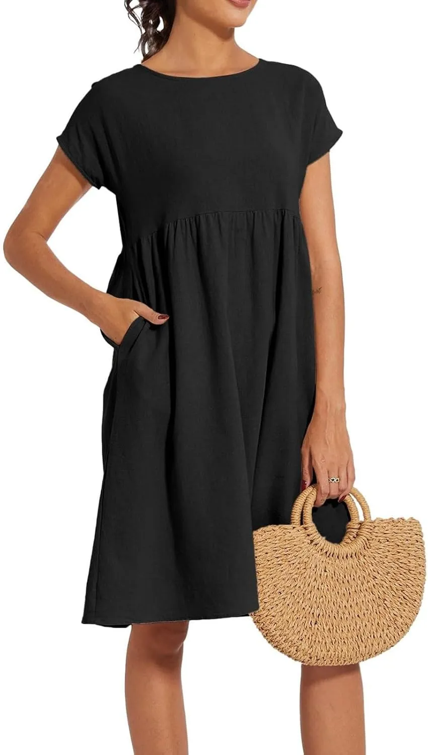 Linen Dresses for Women 2025 Summer Cotton Short Sleeve Crewneck Midi Dress Casual Loose Flowy Beach Sundresses with Pockets