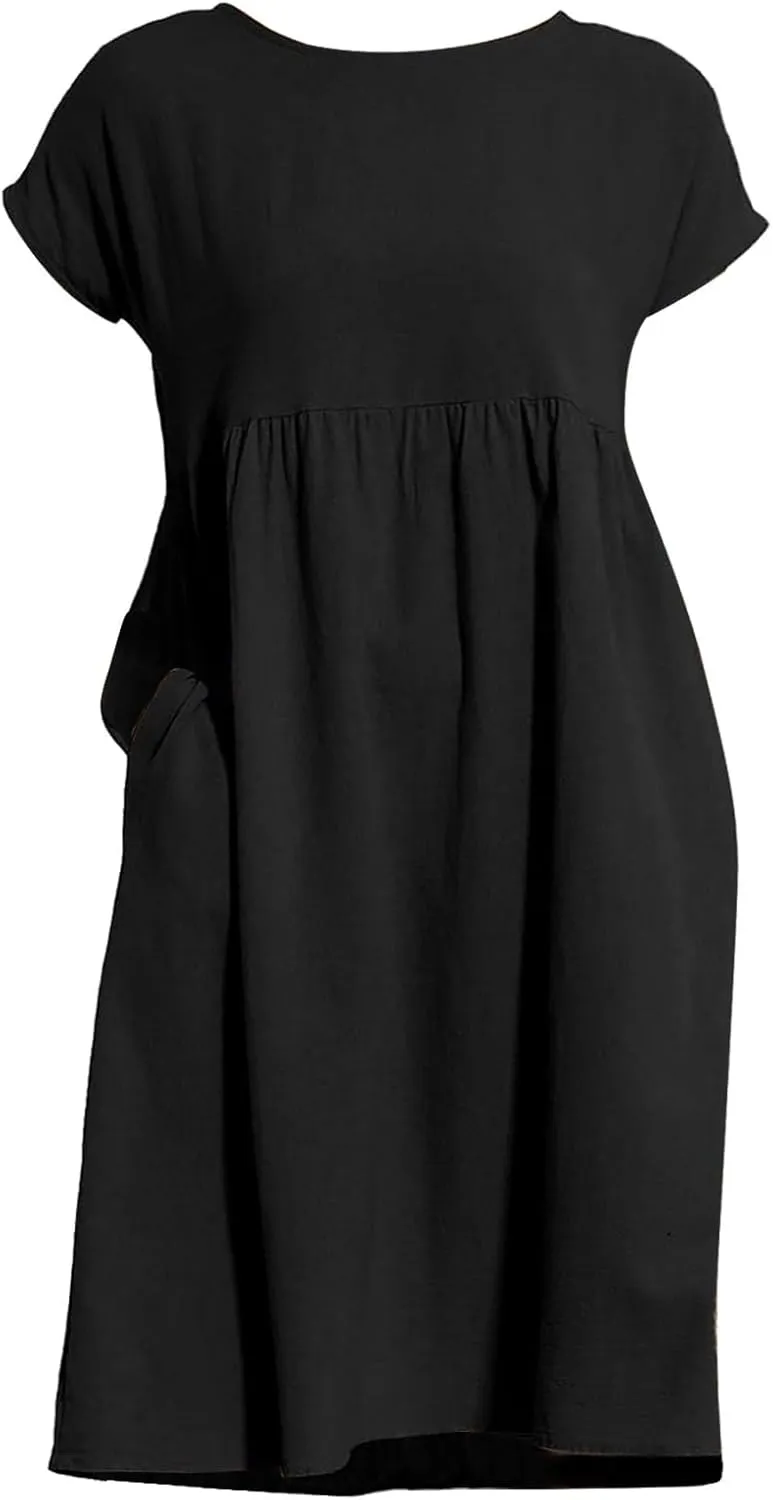 Linen Dresses for Women 2025 Summer Cotton Short Sleeve Crewneck Midi Dress Casual Loose Flowy Beach Sundresses with Pockets