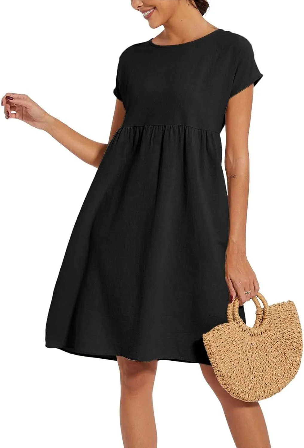 Linen Dresses for Women 2025 Summer Cotton Short Sleeve Crewneck Midi Dress Casual Loose Flowy Beach Sundresses with Pockets