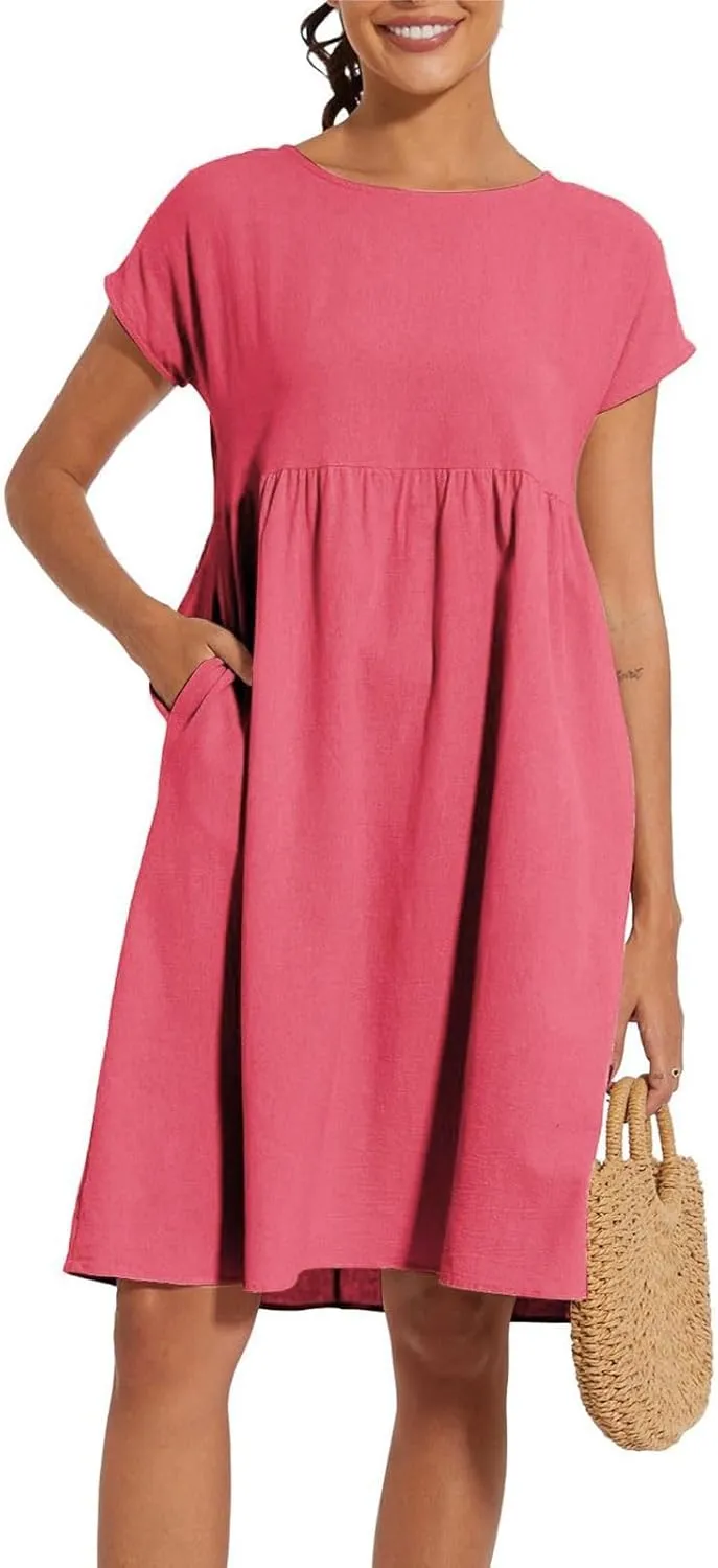 Linen Dresses for Women 2025 Summer Cotton Short Sleeve Crewneck Midi Dress Casual Loose Flowy Beach Sundresses with Pockets