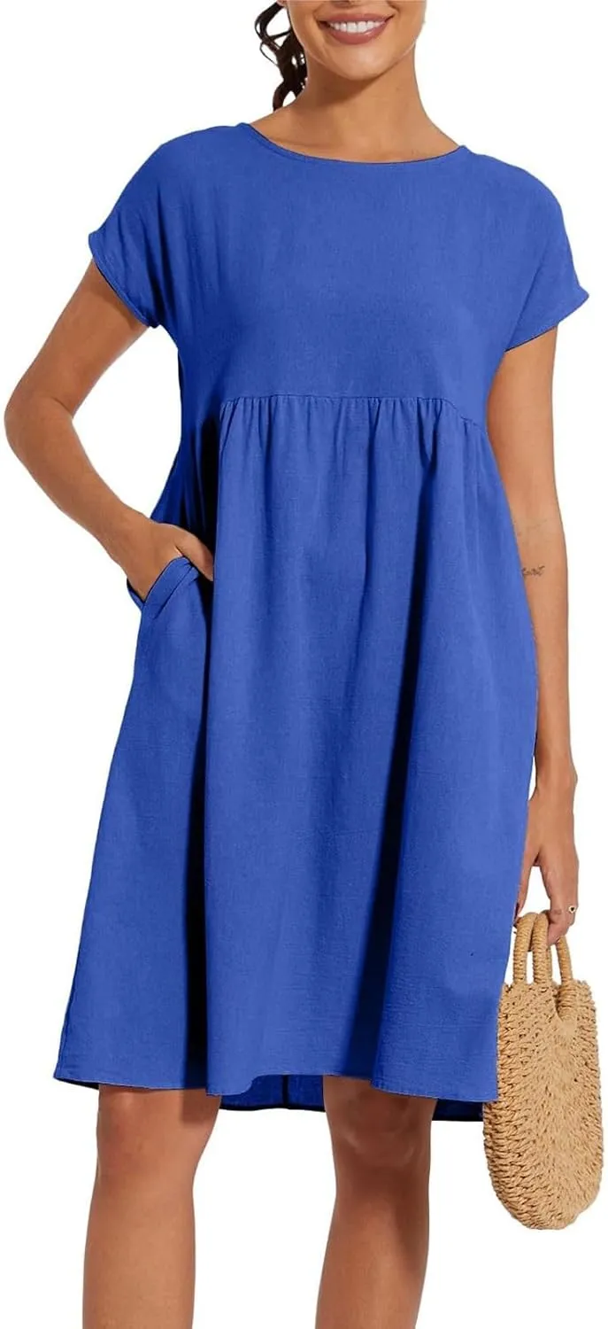 Linen Dresses for Women 2025 Summer Plus Size Short Sleeve Midi Dress Casual Loose Flowy Beach Sundresses with Pockets