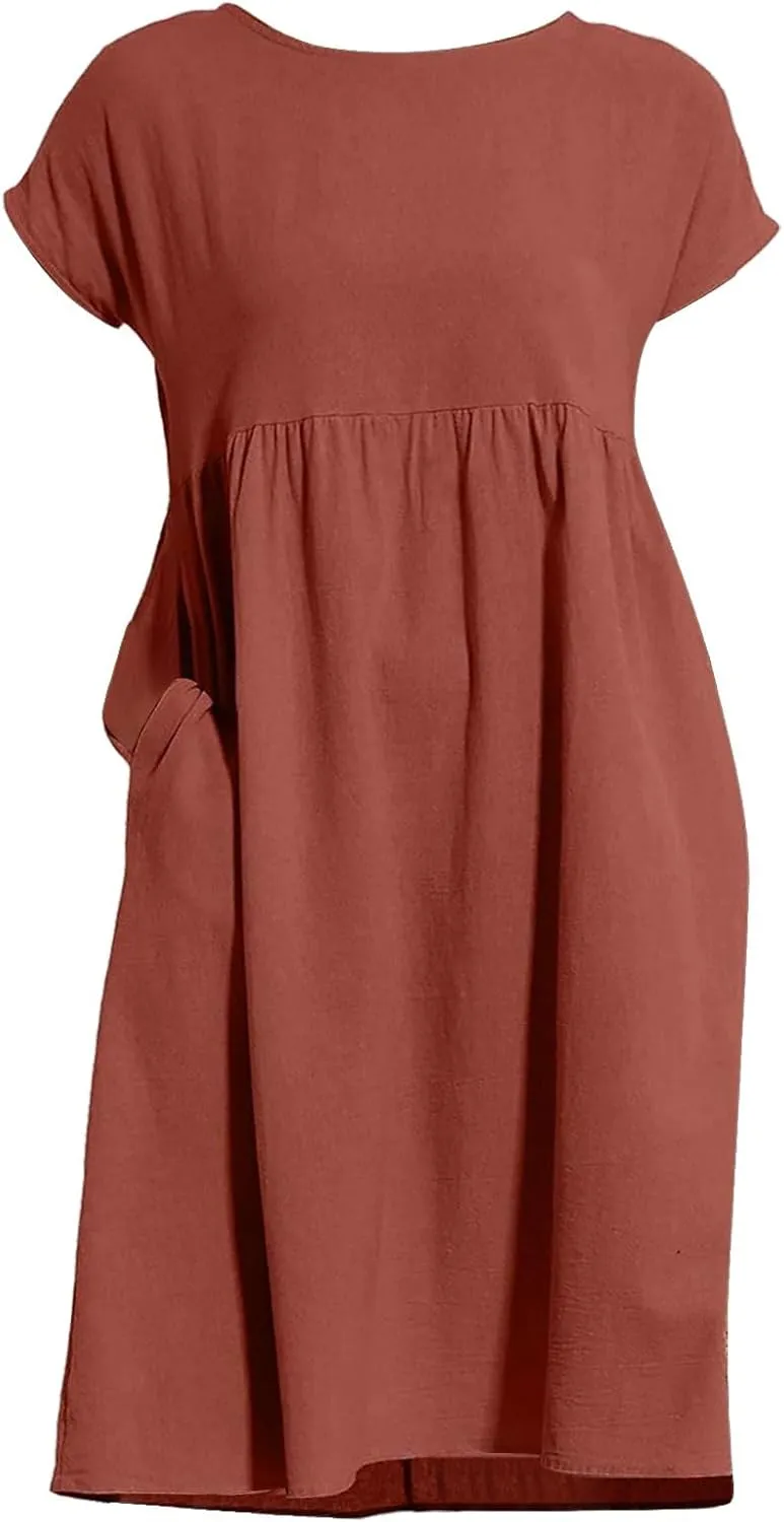 Linen Dresses for Women 2025 Summer Plus Size Short Sleeve Midi Dress Casual Loose Flowy Beach Sundresses with Pockets