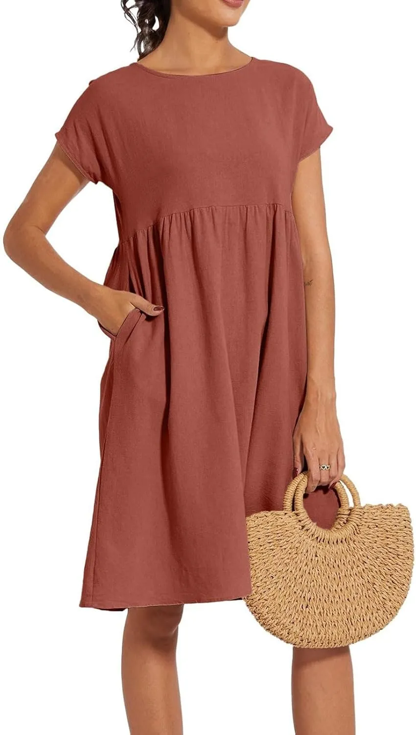 Linen Dresses for Women 2025 Summer Plus Size Short Sleeve Midi Dress Casual Loose Flowy Beach Sundresses with Pockets
