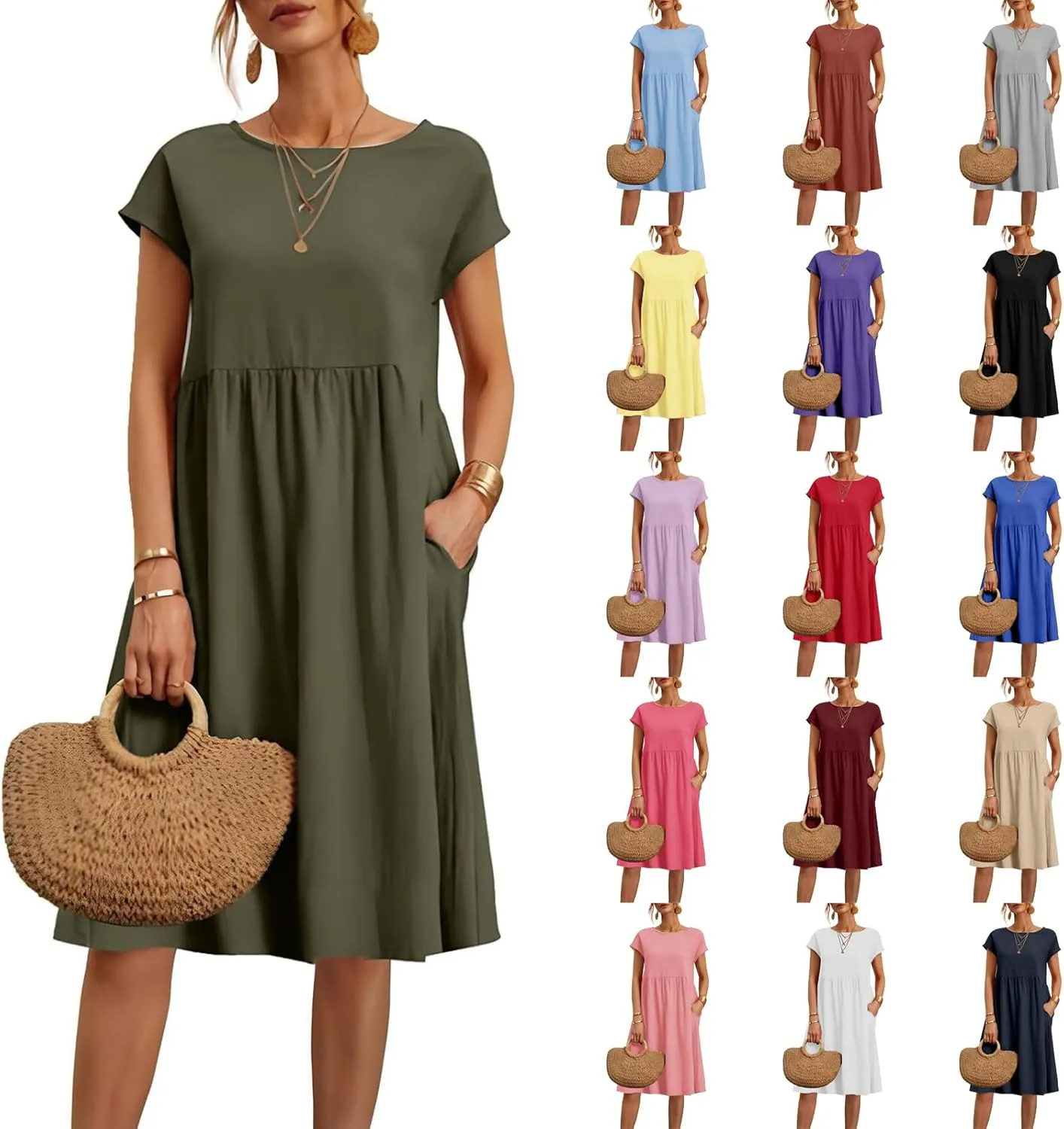 Linen Dresses for Women 2025 Summer Plus Size Short Sleeve Midi Dress Casual Loose Flowy Beach Sundresses with Pockets