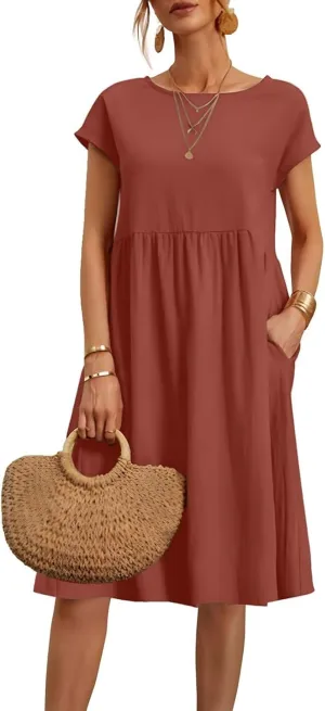 Linen Dresses for Women 2025 Summer Plus Size Short Sleeve Midi Dress Casual Loose Flowy Beach Sundresses with Pockets