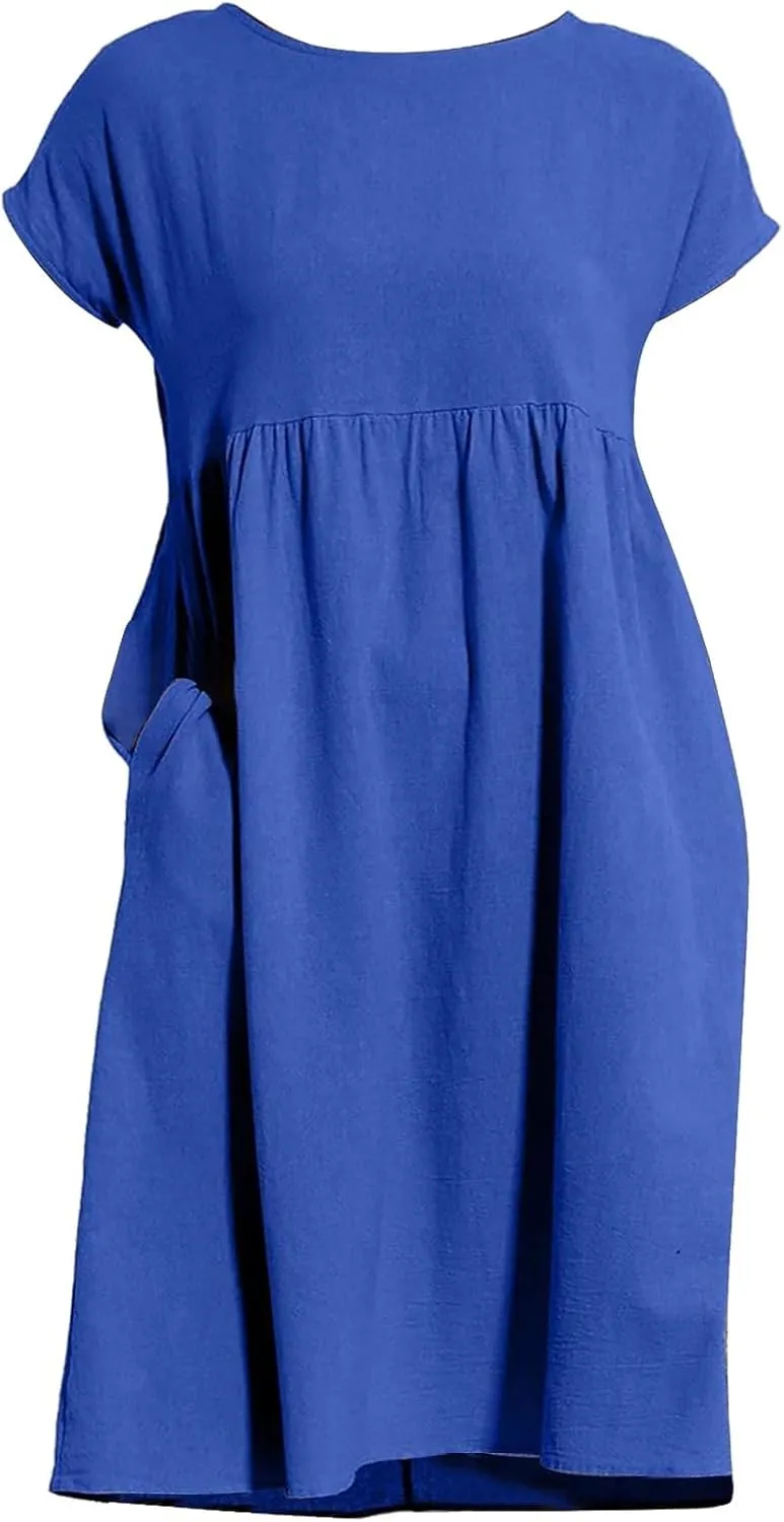 Linen Dresses for Women 2025 Summer Plus Size Short Sleeve Midi Dress Casual Loose Flowy Beach Sundresses with Pockets