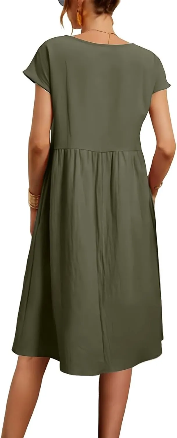 Linen Dresses for Women 2025 Summer Plus Size Short Sleeve Midi Dress Casual Loose Flowy Beach Sundresses with Pockets