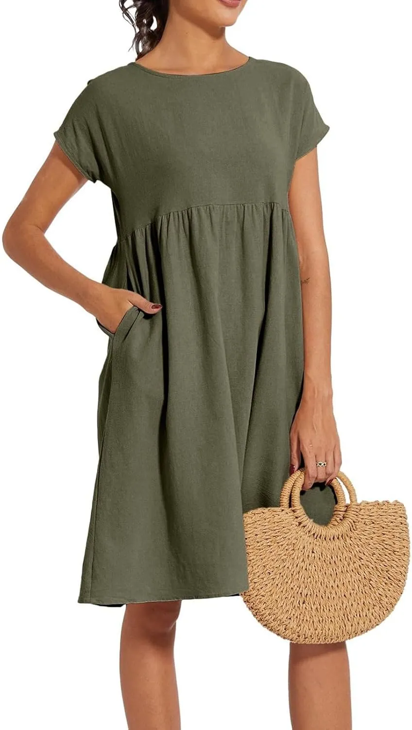 Linen Dresses for Women 2025 Summer Plus Size Short Sleeve Midi Dress Casual Loose Flowy Beach Sundresses with Pockets