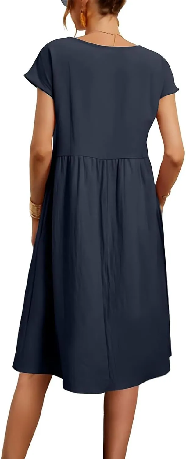 Linen Dresses for Women 2025 Summer Plus Size Short Sleeve Midi Dress Casual Loose Flowy Beach Sundresses with Pockets