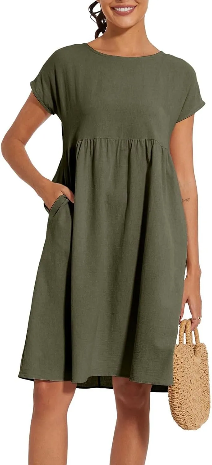 Linen Dresses for Women 2025 Summer Plus Size Short Sleeve Midi Dress Casual Loose Flowy Beach Sundresses with Pockets