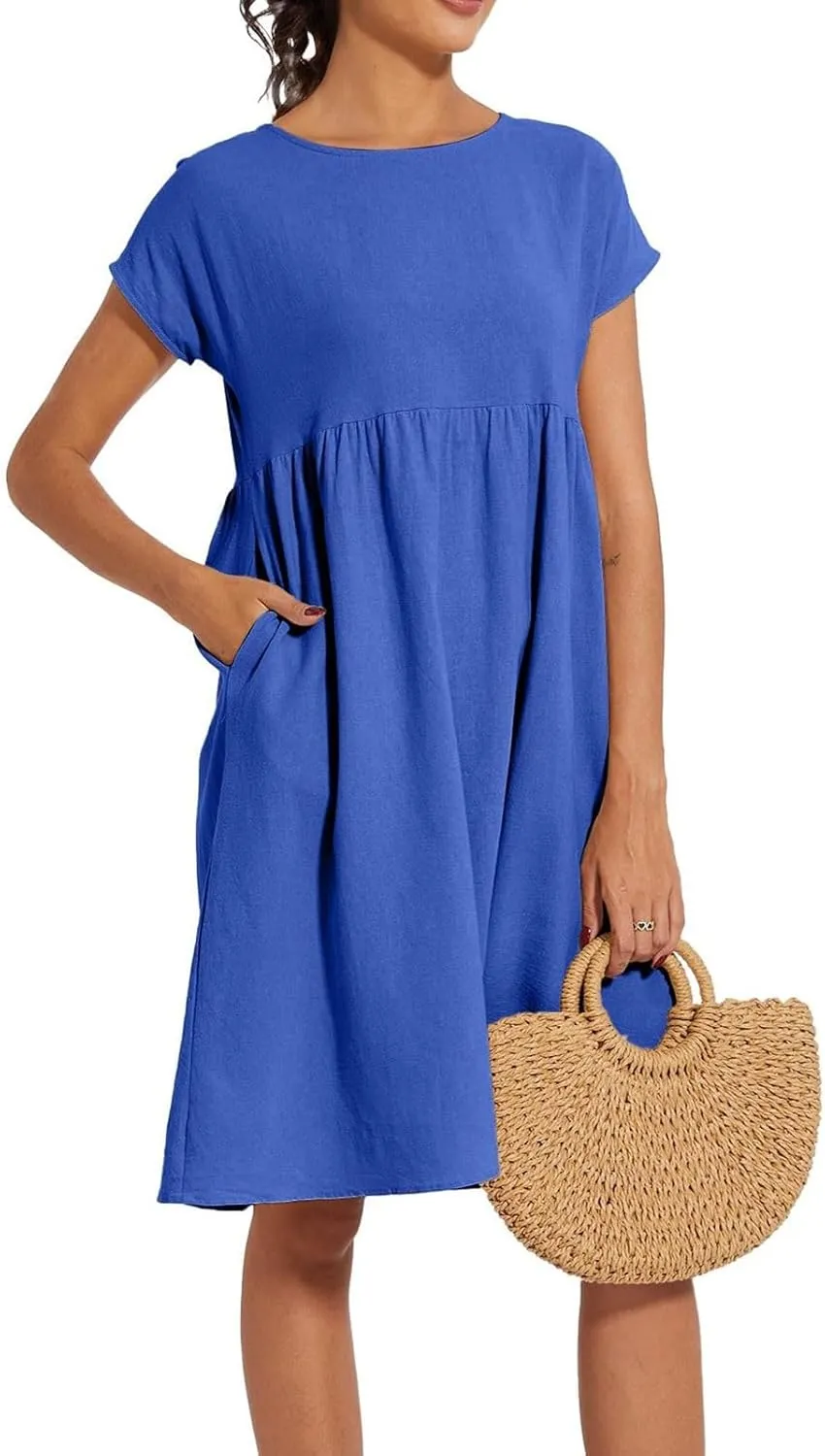 Linen Dresses for Women 2025 Summer Plus Size Short Sleeve Midi Dress Casual Loose Flowy Beach Sundresses with Pockets