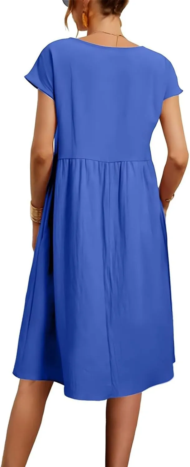 Linen Dresses for Women 2025 Summer Plus Size Short Sleeve Midi Dress Casual Loose Flowy Beach Sundresses with Pockets