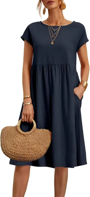 Linen Dresses for Women 2025 Summer Plus Size Short Sleeve Midi Dress Casual Loose Flowy Beach Sundresses with Pockets