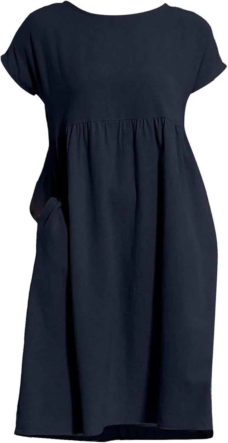Linen Dresses for Women 2025 Summer Plus Size Short Sleeve Midi Dress Casual Loose Flowy Beach Sundresses with Pockets